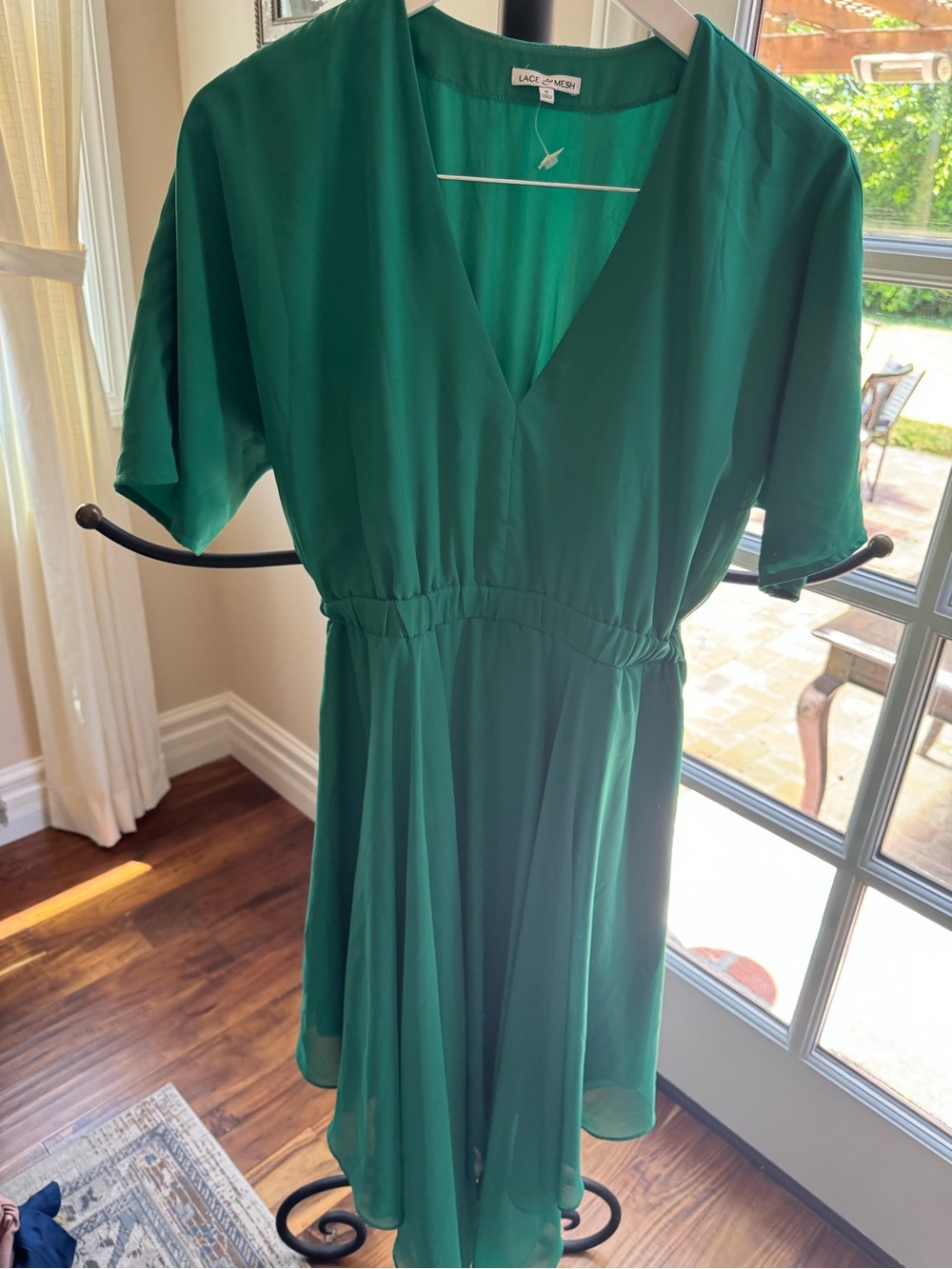 Lace & Mesh Woman Green V-Neck Short Sleeve Dress Size Small